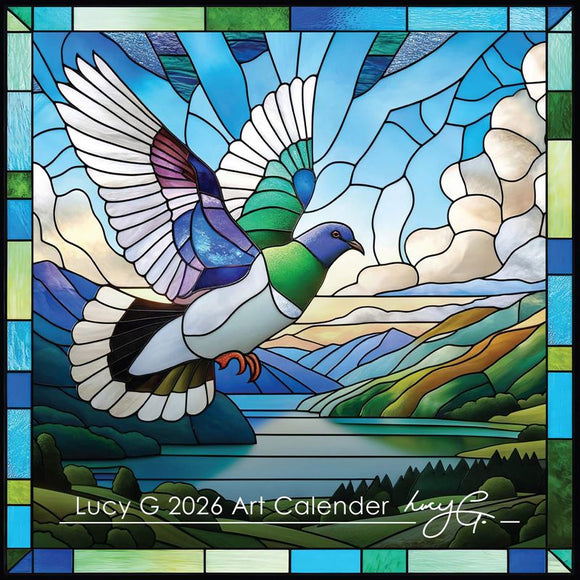 Stained glass-style artwork of a dove with a landscape in the background, featuring the text 'Lucy G 2026 Art Calendar'.