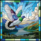 Stained glass-style artwork of a dove with a landscape in the background, featuring the text 'Lucy G 2026 Art Calendar'.