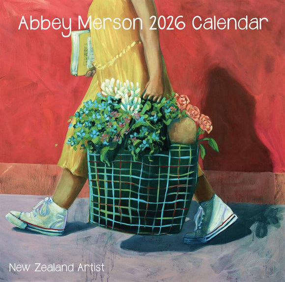 Calendar cover featuring a person with a basket of flowers against a red background, labeled 'Abbey Merson 2026 Calendar'.