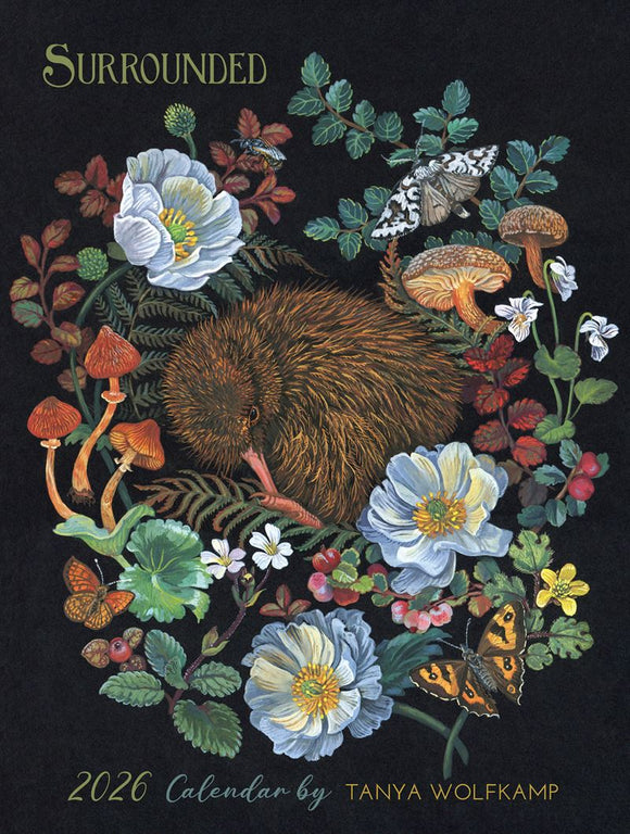 2020 calendar cover featuring a hedgehog surrounded by flowers, mushrooms, and butterflies on a black background.