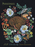 2020 calendar cover featuring a hedgehog surrounded by flowers, mushrooms, and butterflies on a black background.