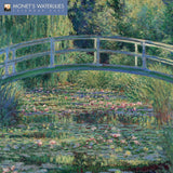 Monet's Waterlilies 2027 calendar cover featuring Claude Monet's impressionist watercolor painting of a Japanese bridge over a pond filled with lily pads and pink flowers, with a blue header in the top left corner reading 'MONET'S WATERLILIES CALENDAR 2027'.
