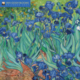 Van Gogh 'Irises' painting with blue flowers on a calendar cover.