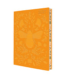An orange 2027 desk calendar featuring an embossed bee and floral design on the cover, shown at a three-quarter angle against a white background.