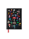 A black hardcover 2027 planner featuring a colorful scientific illustration of various mushrooms on the cover, complete with a red ribbon bookmark.