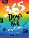 Book cover of '365 Days of Art in Colour' with a rainbow gradient and art supplies.