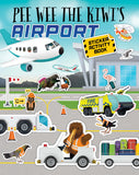 Pee Wee the Kiwi's Airport sticker activity book cover featuring cartoon airport vehicles, a plane, birds, a fire truck, and a kiwi bird on a gray runway background with the title text at the top.