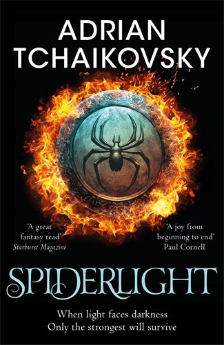 Book cover of 'Spiderlight' by Adrian Tchaikovsky with fiery design and spider emblem.