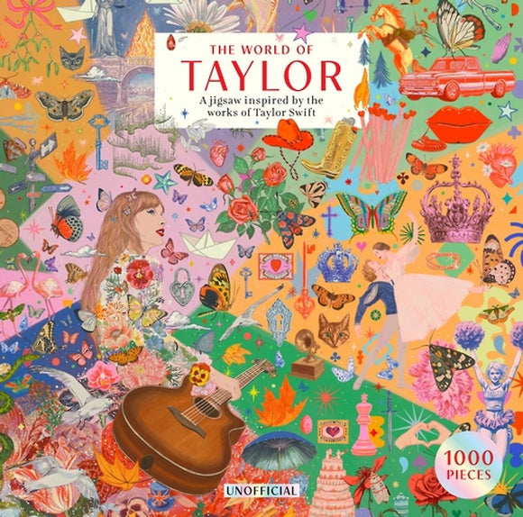 Colorful puzzle box cover with 'The World of Taylor' design inspired by Taylor Swift's works.
