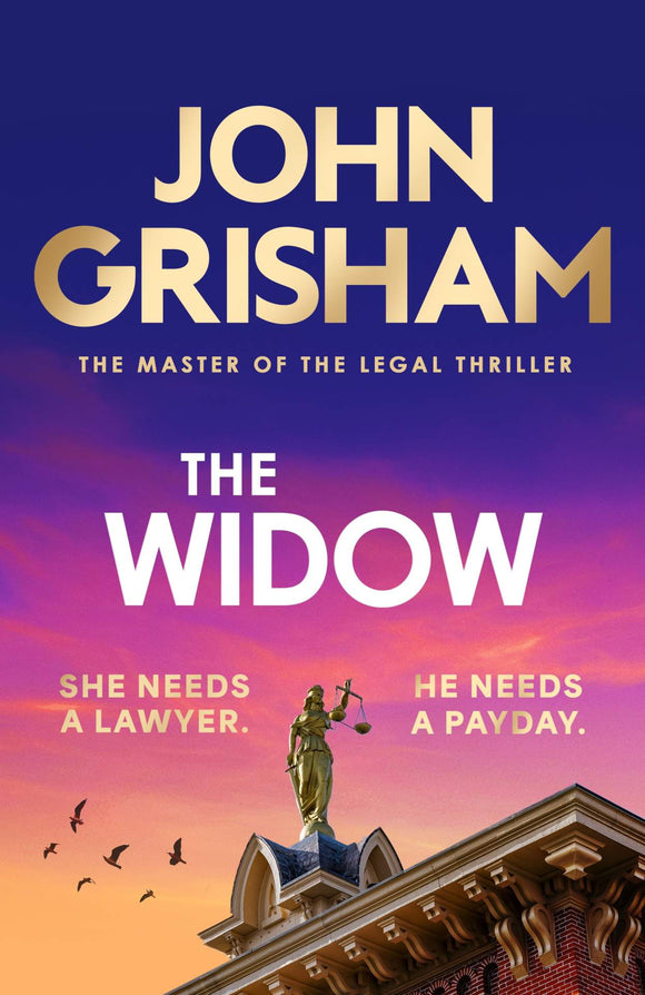Book cover of 'The Widow' by John Grisham with a statue and sunset background.