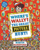 Book cover of 'Where's Wally? The Great Picture Hunt!' with a character holding a sign and a red background.
