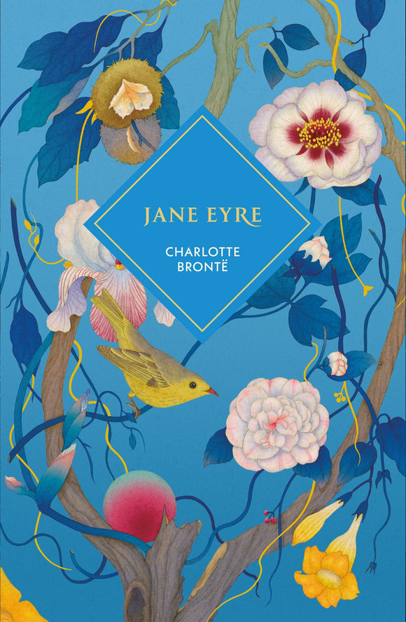 Book cover of 'Jane Eyre' by Charlotte Bronte with floral design on a blue background