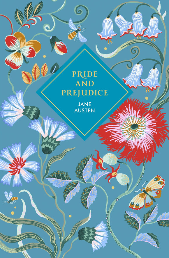 Book cover of 'Pride and Prejudice' by Jane Austen with floral design on a blue background