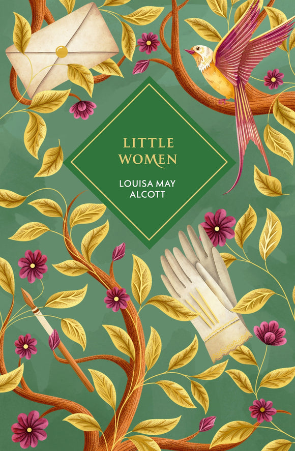 Book cover of 'Little Women' by Louisa May Alcott with decorative elements like flowers and a bird.