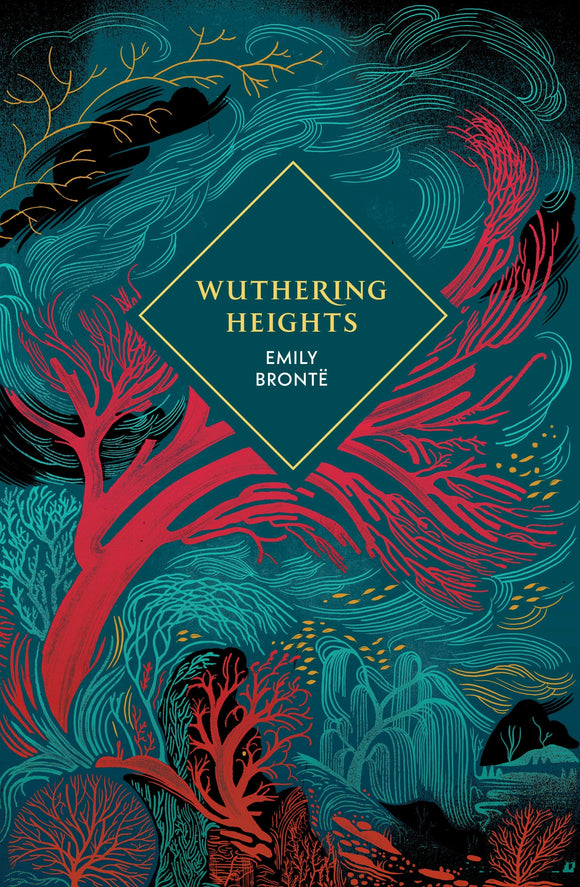 Book cover of 'Wuthering Heights' with stylized trees and abstract design.