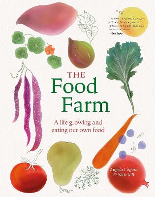 Book cover of 'The Food Farm' with illustrations of vegetables and text.
