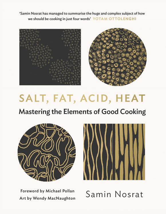 Book cover of 'Salt, Fat, Acid, Heat' with abstract patterns and text.