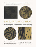 Book cover of 'Salt, Fat, Acid, Heat' with abstract patterns and text.