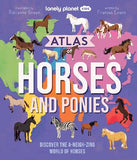 Children's book cover of 'Atlas of Horses and Ponies' with colorful illustrations of horses and ponies on a world map.