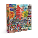 Puzzle box with a colorful city scene design on a white background