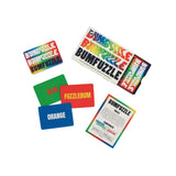 Colorful card game components with 'Bumfuzzle' branding on a white background