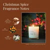 Product packaging for Christmas Spice fragrance notes with a candle and decorative elements.