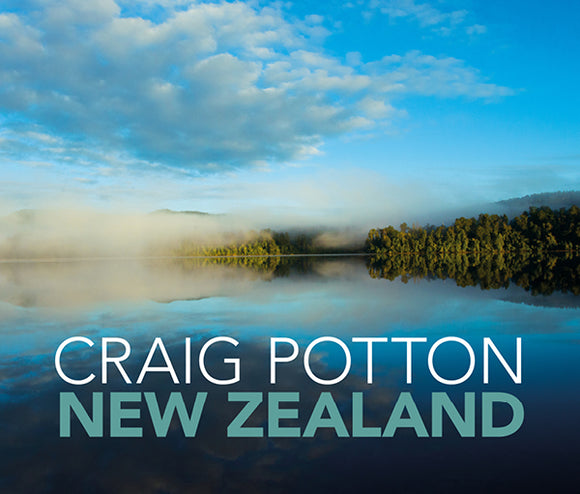 Scenic view of a lake with mist and trees, featuring the text 'Craig Potton New Zealand'.