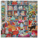 Colorful jigsaw with a room scene featuring books, a dog, and a cat.