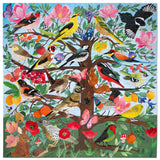 Colorful illustration of birds and flowers on a tree branch