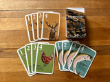 A set of illustrated fishing cards and a card box arranged on a wooden tabletop. The cards show animal and fish illustrations, including deer, chicken, rainbow trout, and salmon, with numbered cards 1 through 4.