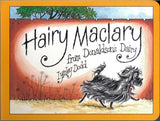 Cover of the board book edition for 'Hairy Maclary From Donaldson's Dairy' by Lynley Dodd, featuring an illustration of a black and white dog, presumably Hairy Maclary, with a red and yellow background.