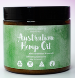 Jar of Australian Hemp Oil Exfoliating Salt Scrub with green label and black lid.