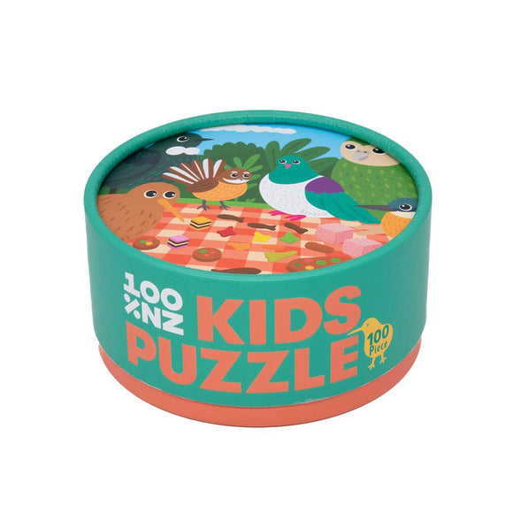 Children's puzzle in a round green box with colorful illustrations on a white background