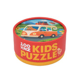 Children's puzzle packaging with a van and animals illustration on a white background
