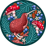 Illustration of a red bird surrounded by mushrooms and foliage on a dark green background