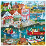 Colorful illustration of a coastal town scene with boats, people, and buildings.