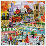 Colorful illustration of a Parisian scene with iconic landmarks and people.