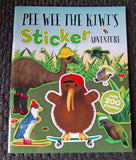 Book cover of 'Pee Wee the Kiwi's Sticker Adventure' with a kiwi character on a skateboard and other animals.