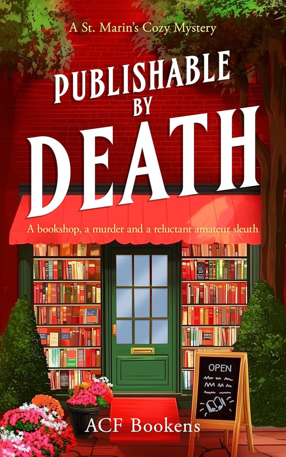 Book cover of 'Publishable by Death' featuring a bookshop with a red awning and books on shelves.