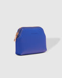 Blue pouch with gold zipper on a light gray background