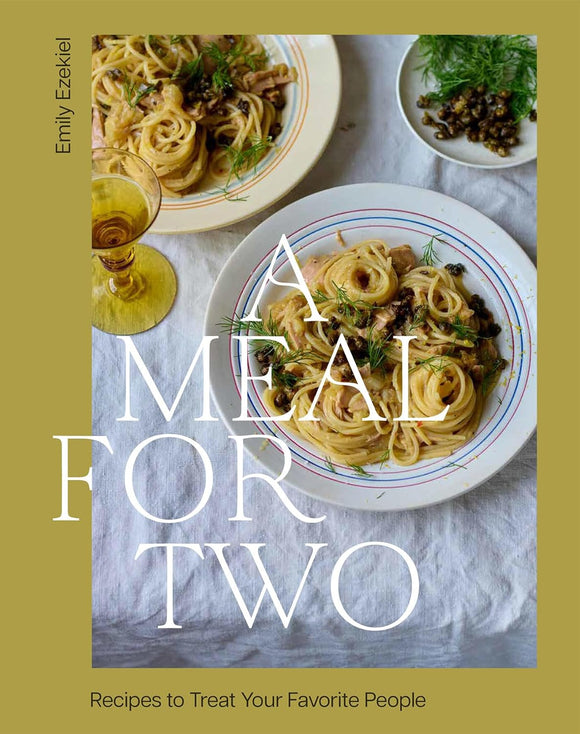 Book cover of 'A Meal for Two' with pasta dish and drink on a table.