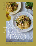 Book cover of 'A Meal for Two' with pasta dish and drink on a table.
