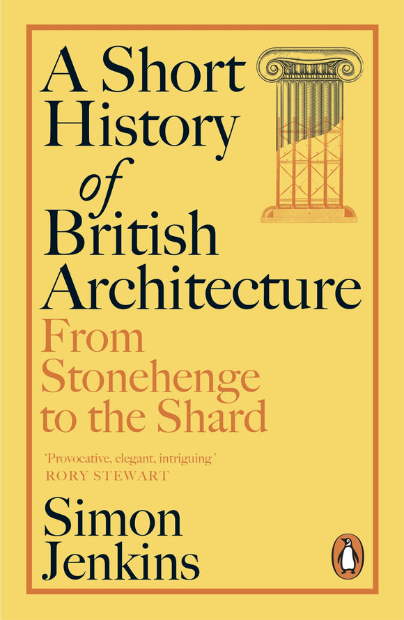 Book cover of 'A Short History of British Architecture' by Simon Jenkins with architectural design elements.