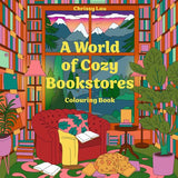 Cover of 'A World of Cozy Bookstores' coloring book with a colorful bookshelf and red armchair.