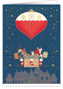 Santa & Reindeer In Hot Air Balloon - Christmas Advent Card