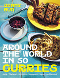 Book cover of 'Around the World in 50 Curries' by Jimmy Guo with food images on a blue background.