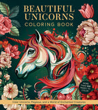 Coloring book cover with a unicorn and floral design on a dark green background