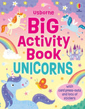Cover of 'Big Activity Book Unicorns' with colorful unicorns and rainbow on a pink background.