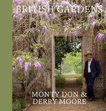 Book cover of 'British Gardens' featuring a man standing in a garden with floral arches.