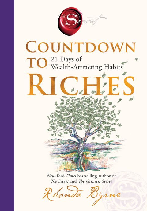 Book cover of 'Countdown to Riches' by Rhonda Byrne with a tree and money symbol on a white background.